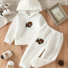 Kids 2pcs Fleece Pajamas Hooded Top & Pants Set Lion Embroidery Loungewear