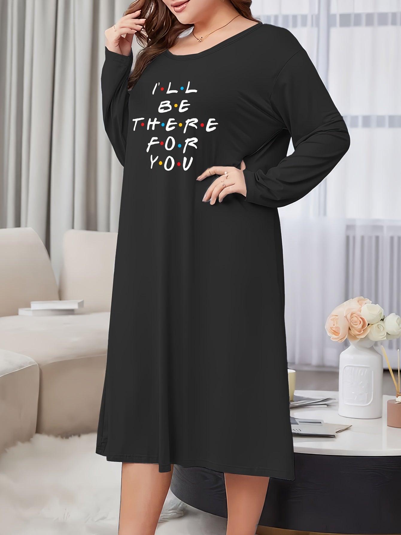 Women's Slogan Print Long Sleeve Casual Lounge Dress