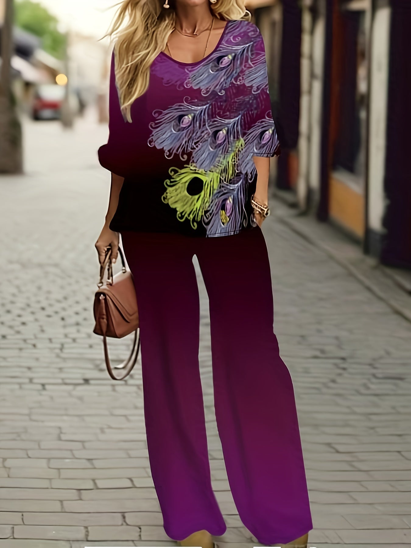 Women's Plus Peacock & Ombre Print Top & Pants Set