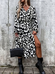 Leopard Print Maxi Dress V Neck Side Split Lantern Sleeve