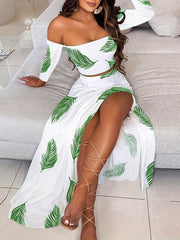 Feather Print Boho Two piece Set Crop Top & Midi Skirt