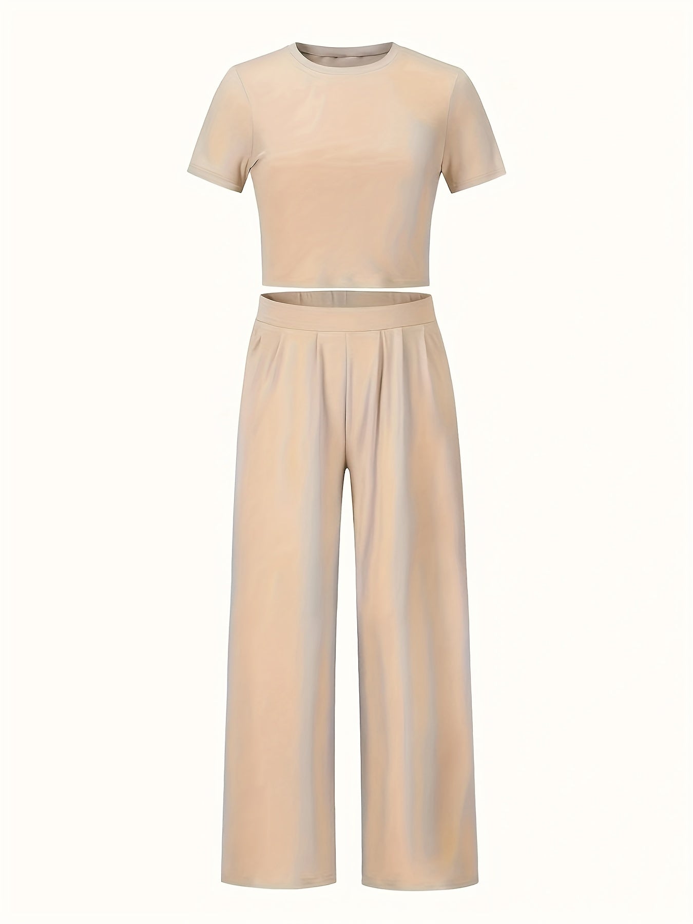 2 Piece Set Women's Solid Crop Tee & Loose Pants