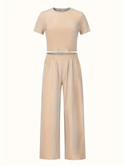 2 Piece Set Women's Solid Crop Tee & Loose Pants