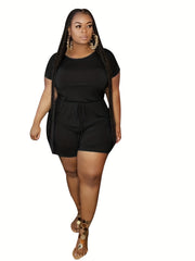 Solid Short Sleeve Round Neck Plus Size Romper