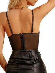 Floral Embroidery Cami Crop Top Hollow Out V Neck Mesh Bustier