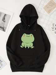 Cartoon Frog Print Hoodie Casual Sweatshirt Women's Clothing