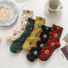 5 Pairs Floral Print Textured Mid Tube Socks Women's Stockings