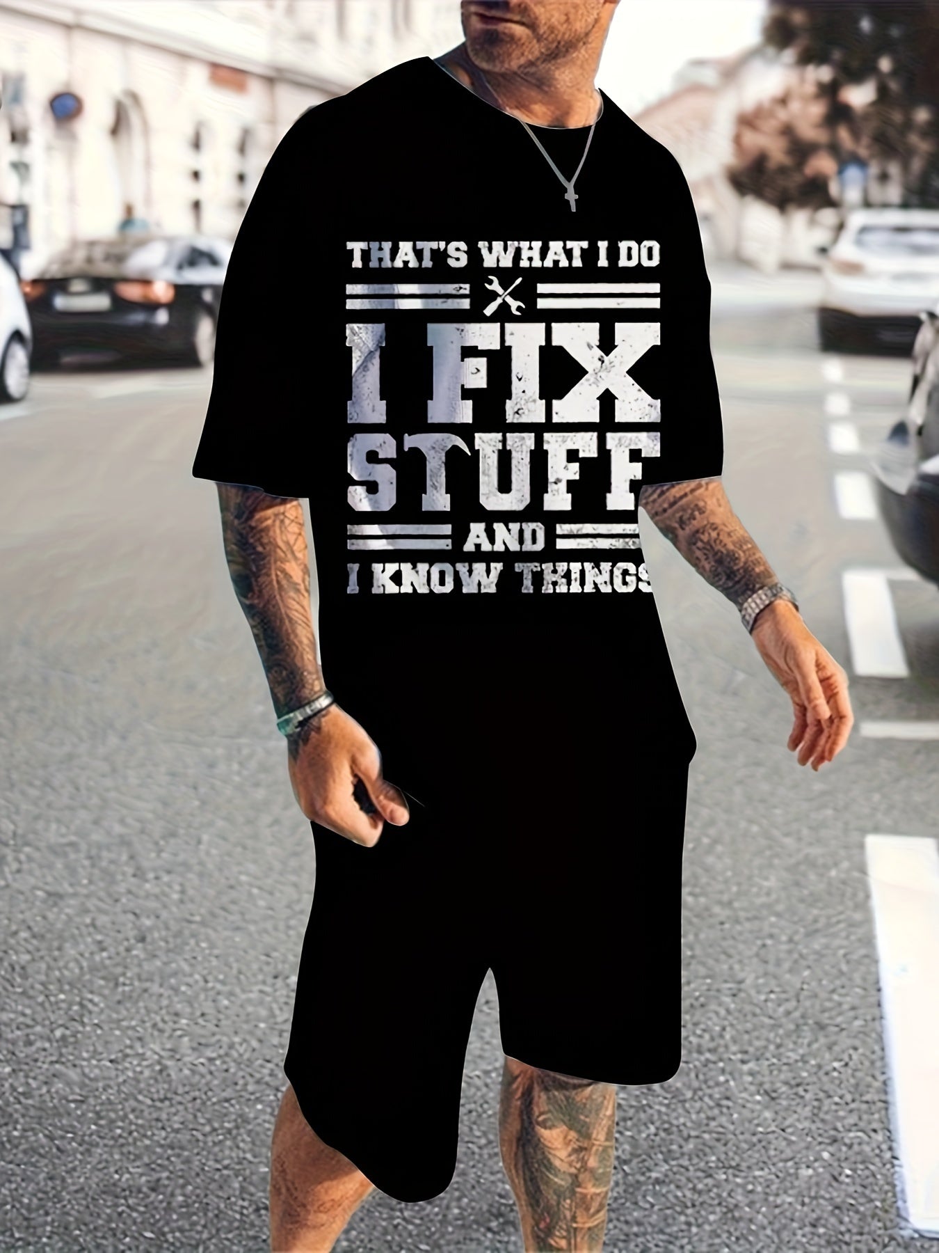Men's Fix Stuff Print T shirt Active Shorts Set For Fitness