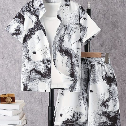Boys Ink Painting Casual Outfit Short Sleeves Shirt & Shorts