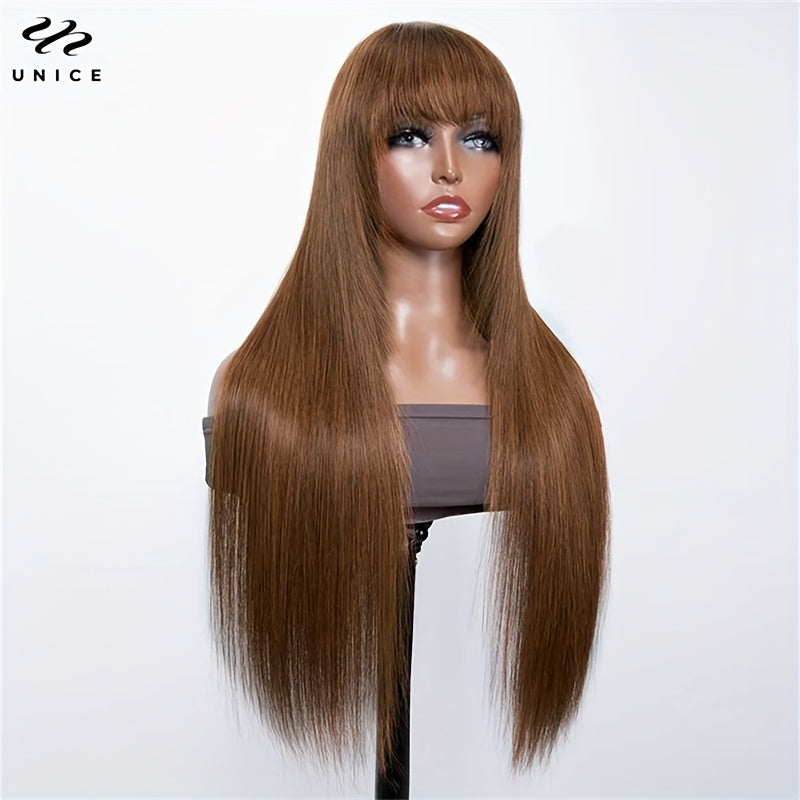 Brown Long Straight Hair Wig with Bangs Glueless Layer Cut Human Hair Wig