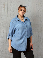 Preppy Denim Top Women's Button Up Roll Sleeve Turn Collar Blouse