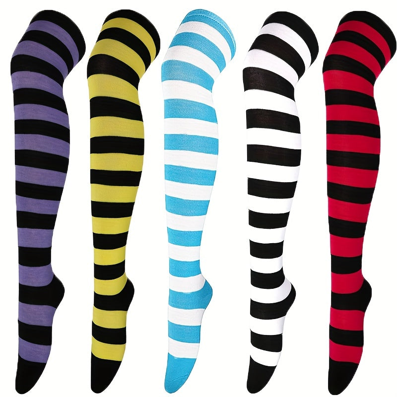 5 Pairs Striped Thigh High Socks Cosplay Over The Knee Socks
