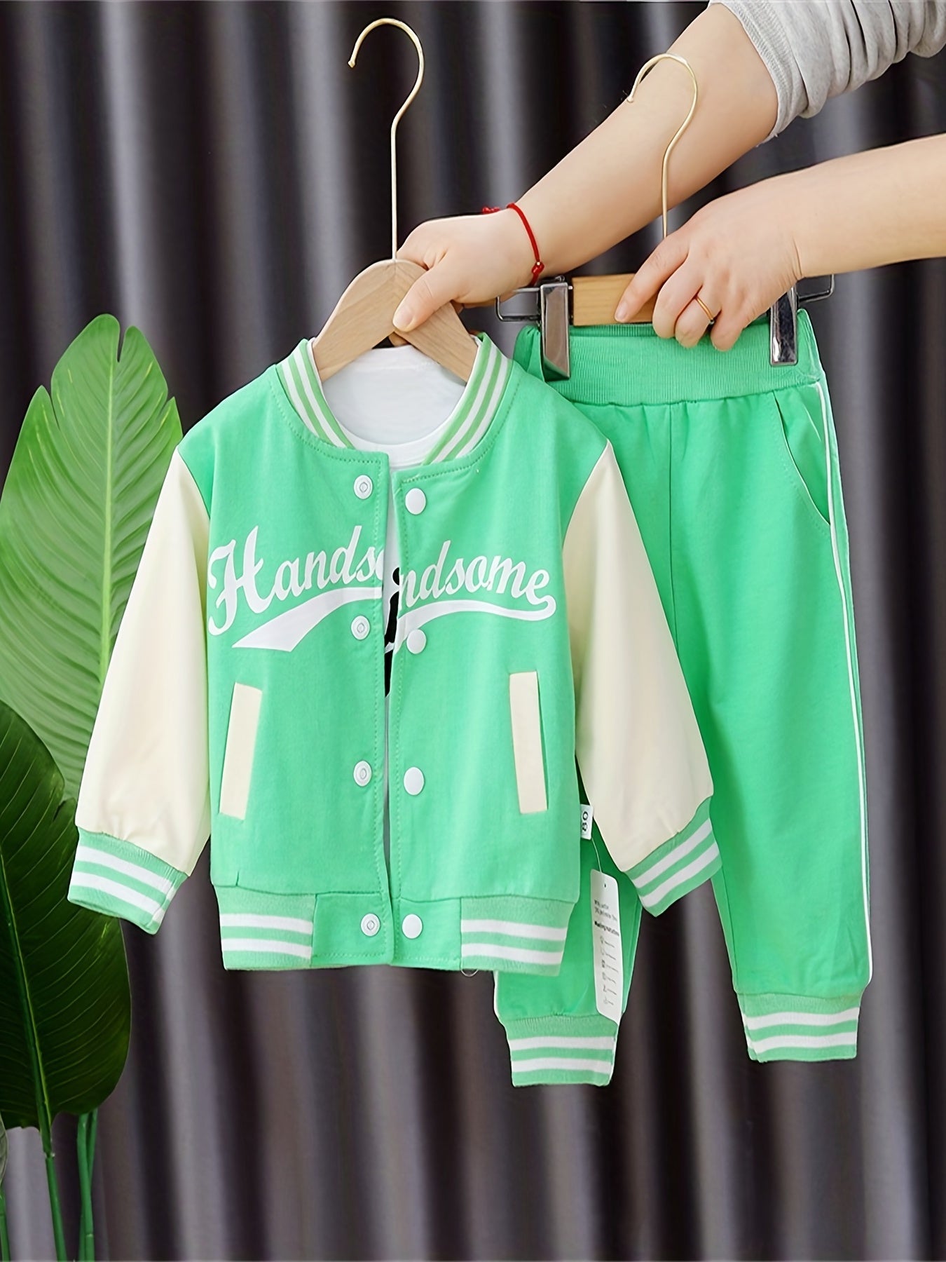 3pc Boys Letter Print Baseball Suit Crew Neck Cotton Set
