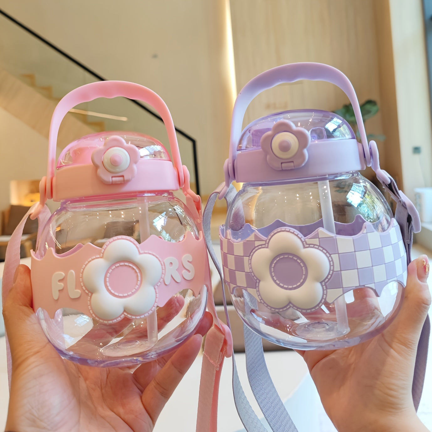 1100ml Big Belly Cup With Straw Cartoon Flower Handle Water Bottle