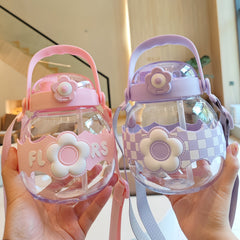 1100ml Big Belly Cup With Straw Cartoon Flower Handle Water Bottle