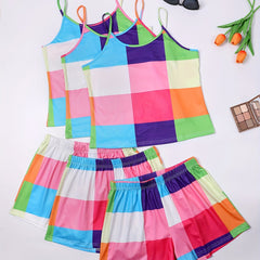 6 Pack Plus Size Preppy Pajamas Set Women's Plus Colorful Plaid Print