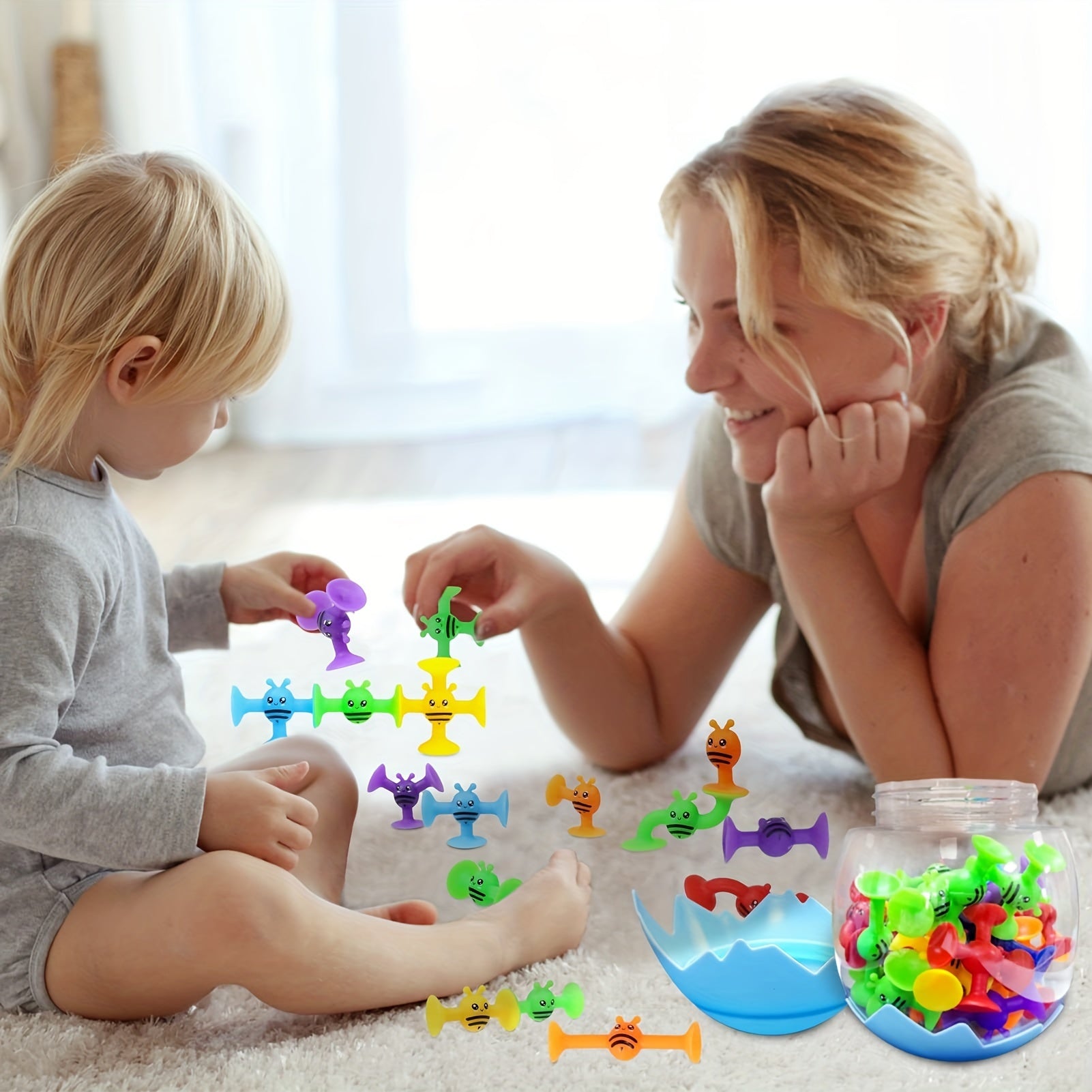 32 Pcs Silicone Suction Cup Toys for Kids with Eggshell Storage