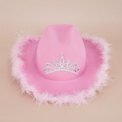 Y2K Pink Feather Cowgirl Hat Rhinestone Crown for Women