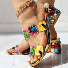 Women's Rhinestone Heeled Sandals Open Toe Chunky Heels