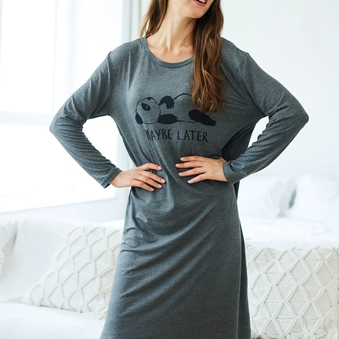 Cartoon Panda Print Lounge Dress Crew Neck Long Sleeve Women's Loungewear
