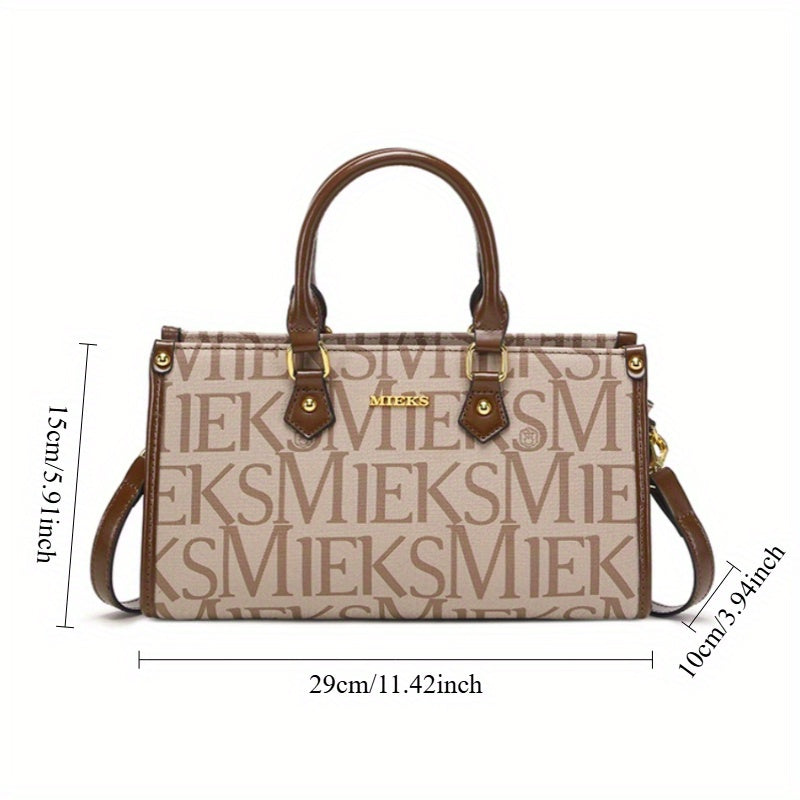 Beige Split Leather Tote Bag with VIKING Print Removable Strap Zipper Closure