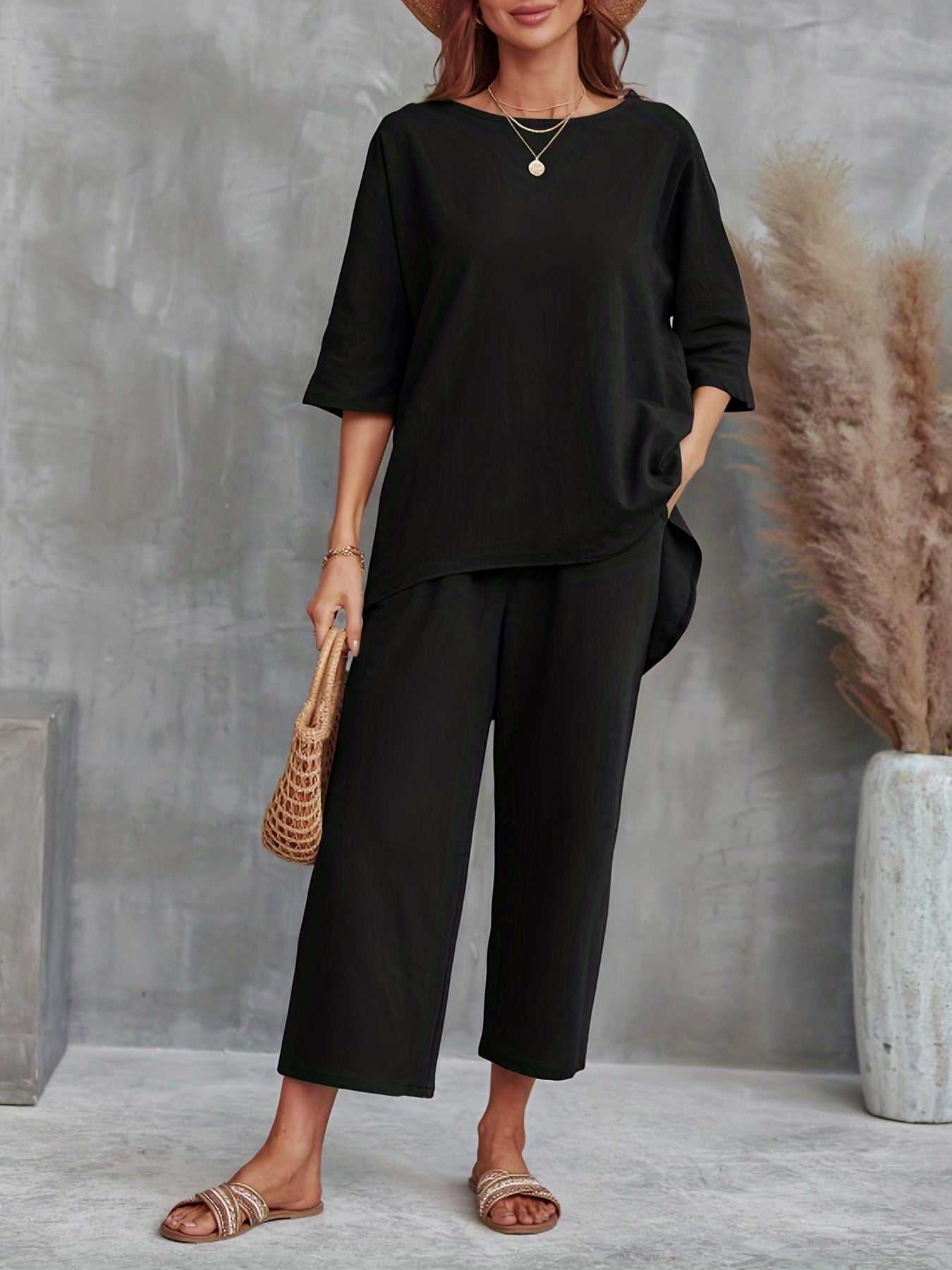 Casual Two piece Set Crew Neck 3 4 Sleeve Tops & Wide Leg Cropped Pants