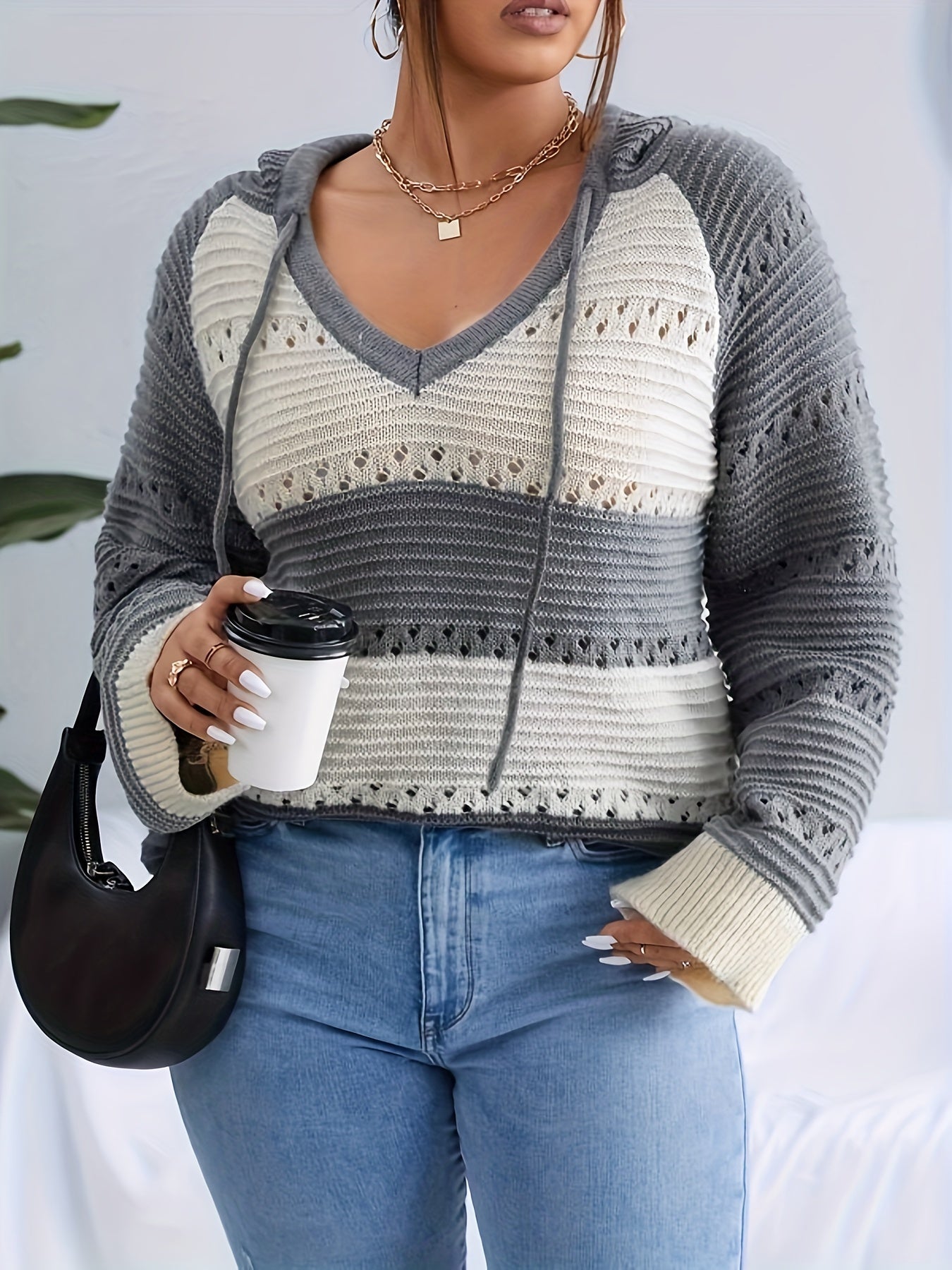 Colorblock Long Sleeve V Neck Hooded Drawstring Sweater