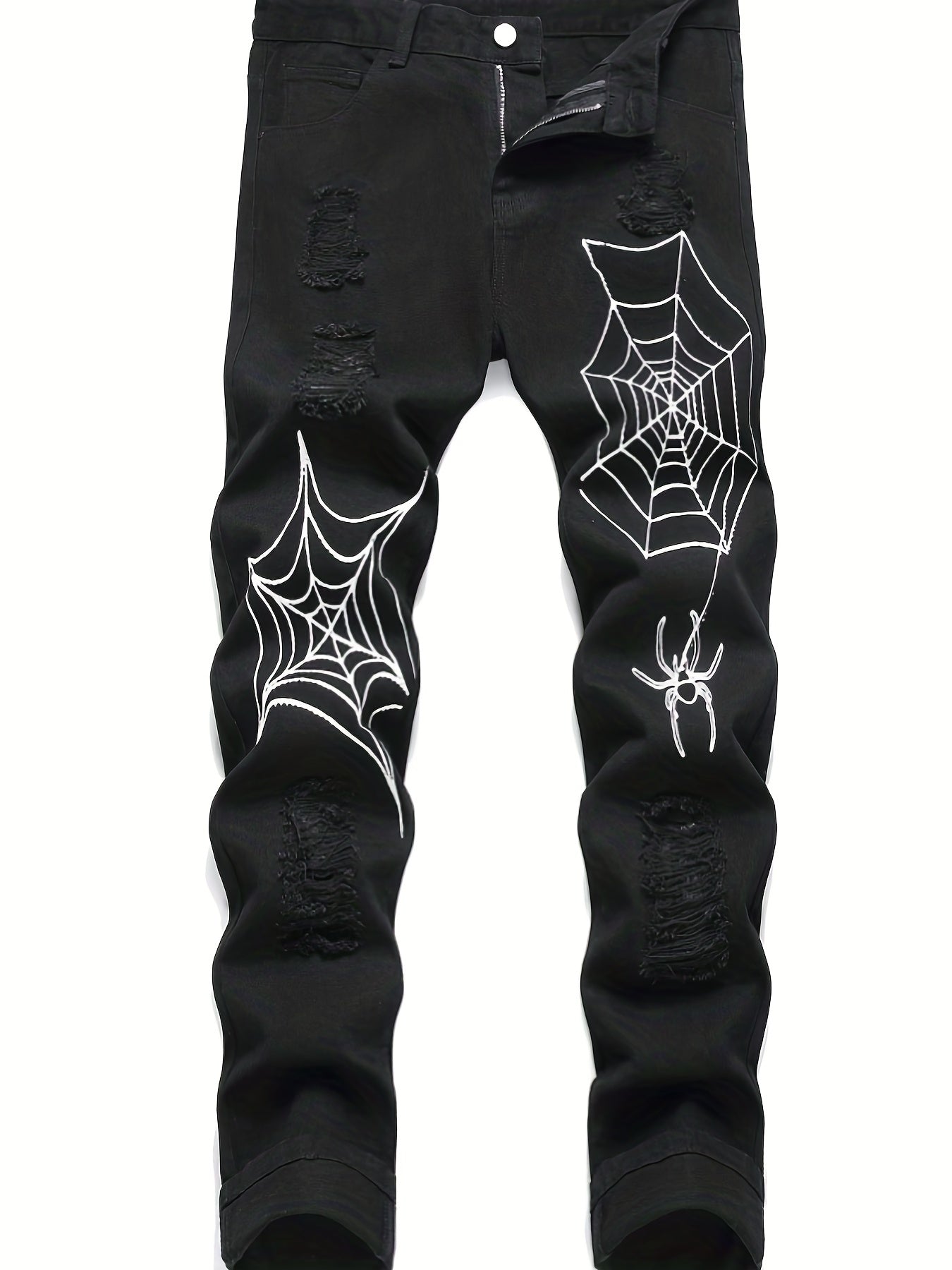 Spider Web Pattern Slim Fit Ripped Jeans Men's Casual Street Style Denim Pants