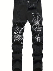 Spider Web Pattern Slim Fit Ripped Jeans Men's Casual Street Style Denim Pants