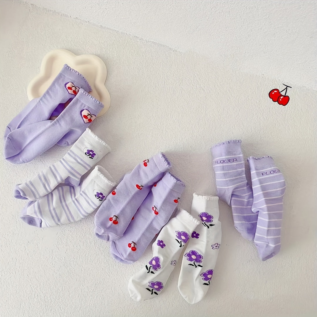 5 Pairs Girls Kids Cartoon Socks Breathable Comfy Children's Socks