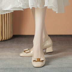 Square Toe Chunky Heels Bowknot Patent Leather Shoes