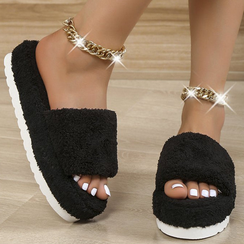 Women's Plush Platform Slippers Soft & Warm Open Toe Slides