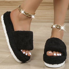 Women's Plush Platform Slippers Soft & Warm Open Toe Slides