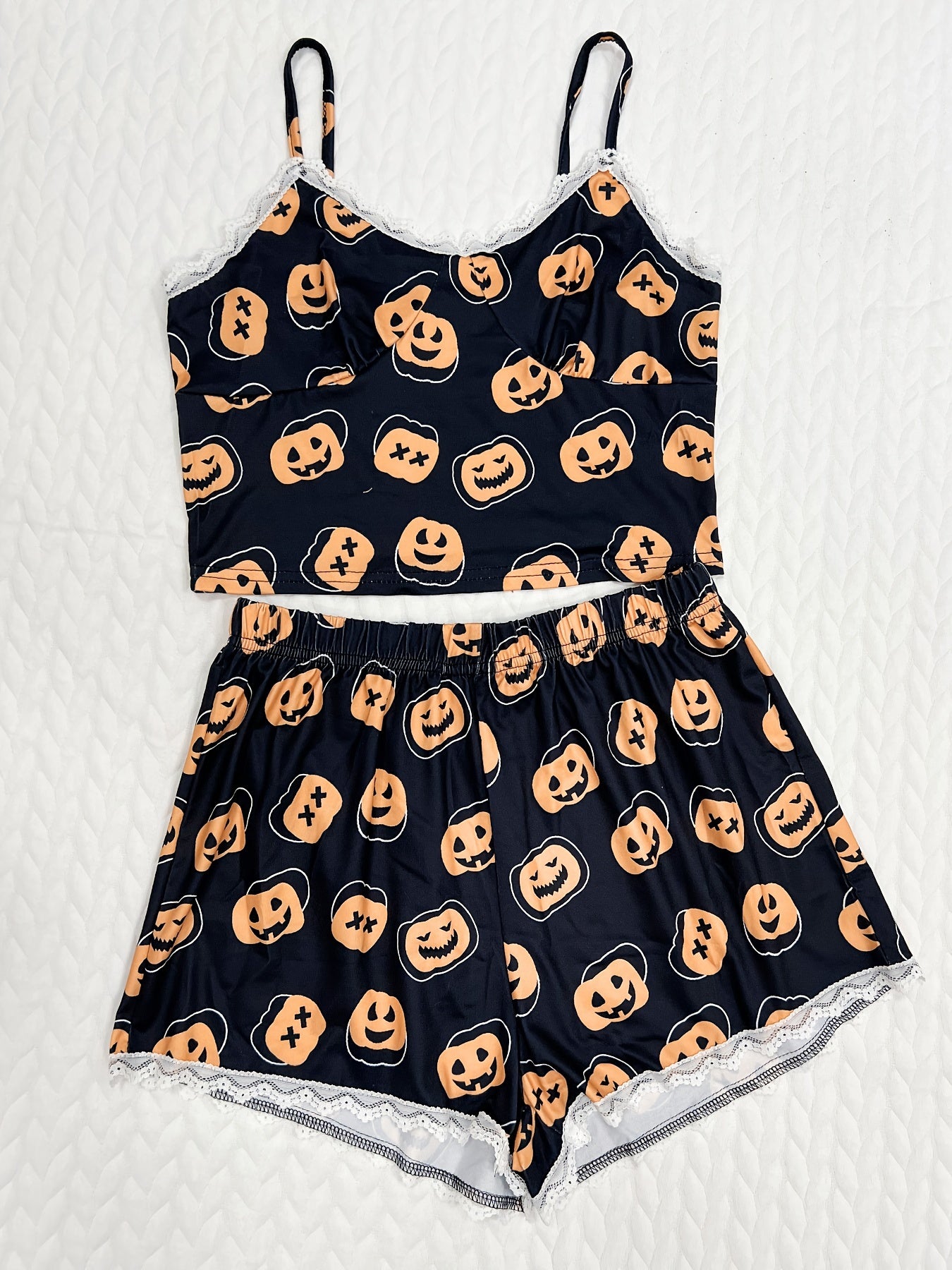Pumpkin Print Pajama Set V Neck Cami Top & Lace Trim Shorts