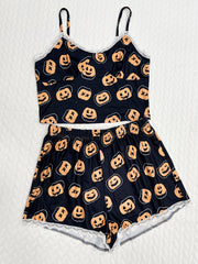 Pumpkin Print Pajama Set V Neck Cami Top & Lace Trim Shorts