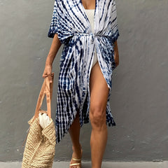 Boho Kimono Tie Dye Striped Bat Sleeve Open Front Kimono Cover Up
