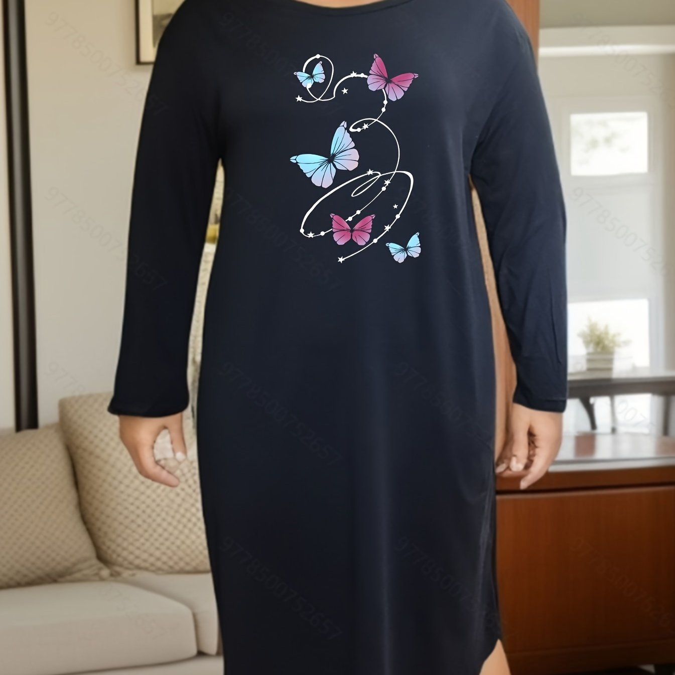 Butterfly Print Lounge Dress Long Sleeve Round Neck Loose Nightdress