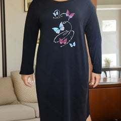 Butterfly Print Lounge Dress Long Sleeve Round Neck Loose Nightdress