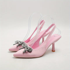 Rhinestone Bow Kitten Heels Slingback Sandals