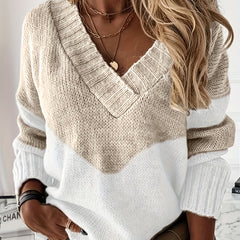 Colorblock V Neck Sweater Long Sleeve Casual Jumper