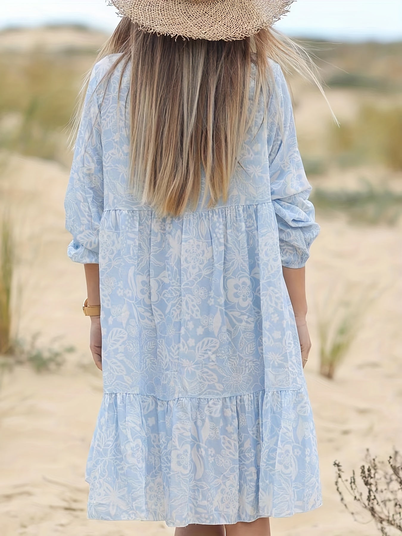 Boho Dress Women's Plus Lantern Sleeve V Neck Dress