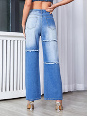 Frayed Patchwork Wide Leg Jeans High Rise Vintage Retro Loose Denim Pants