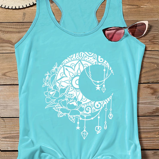 Moon & Floral Print Round Neck Tank Top