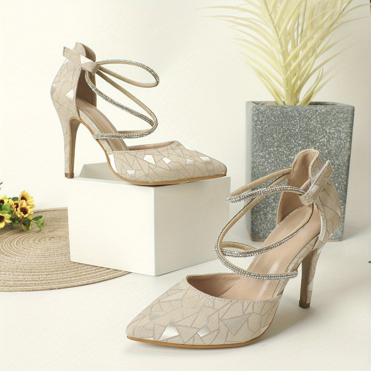 Rhinestone Stiletto Point Toe Dress Pumps Geometric Pattern Heels