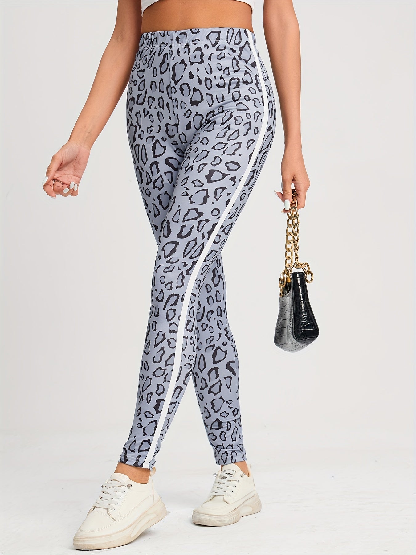 Leopard Print Side Contrast Leggings Skinny Leggings Women's Clothing