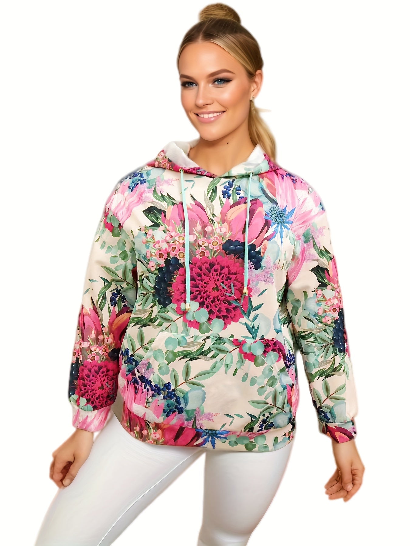 Floral Print Plus Size Sports Sweatshirt Long Sleeve Hoodie
