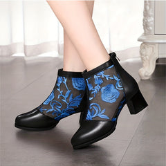 Chunky Heeled Floral Embroidery Ankle Boots