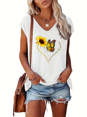 Sunflower & Butterfly Print Cap Sleeve Top V Neck Summer Top