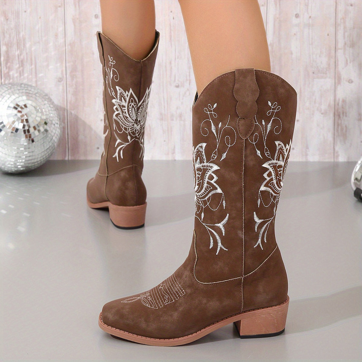 Women's Embroidered Western Mid Calf Boots V Cut Low Heel Slip On Cowgirl Boots