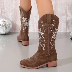 Women's Embroidered Western Mid Calf Boots V Cut Low Heel Slip On Cowgirl Boots